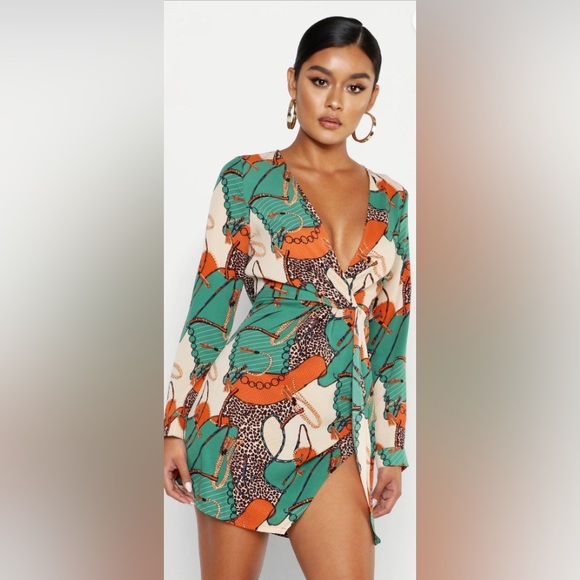 Designer Green Satin Chain Print Mini Dress - Picture 1 of 4